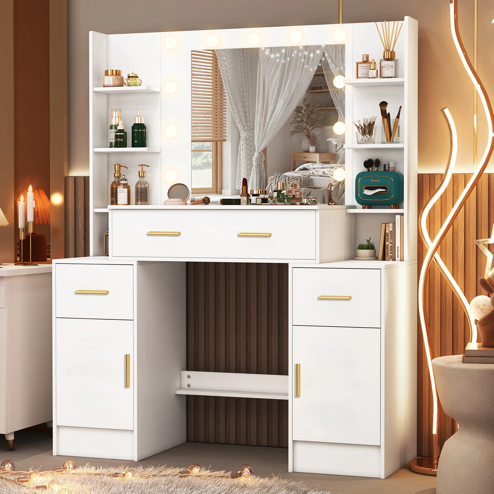 Teousev White Modern Dressing Table Makeup Vanity Dresser with Mirror 4 Drawers Storage Organizer Home Bedroom Vanity Desk