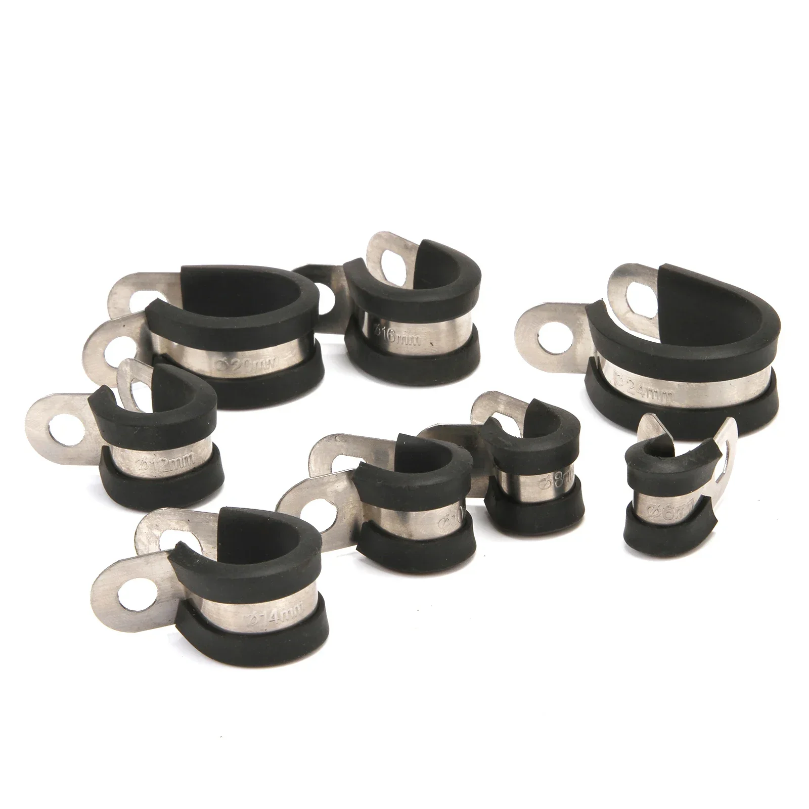 10pc Rubber Lined P Clips Cable Mounting Hose Pipe Clamp Fixing Pipes Stainless Steel Hardware Fasteners 6/8/10/12/14/16/20/24mm