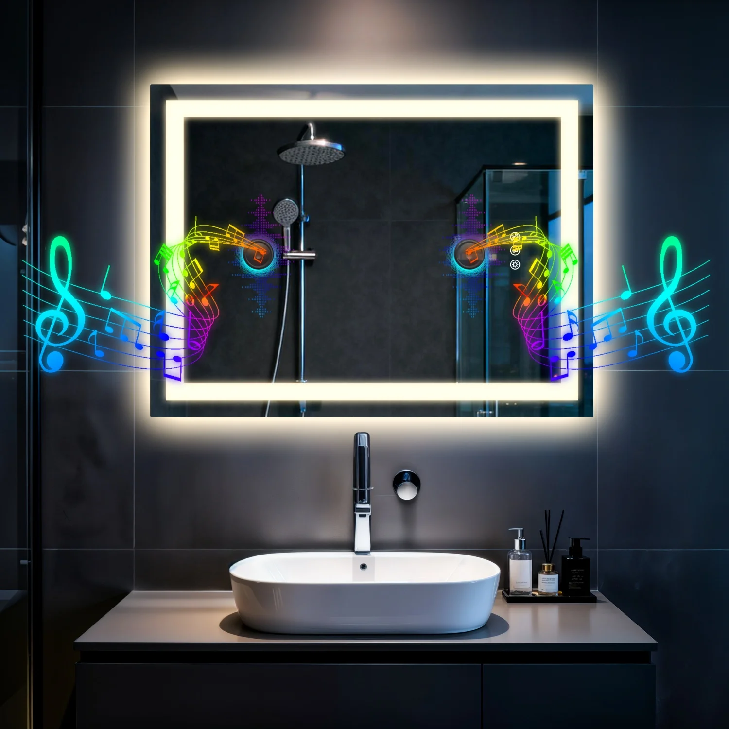 50/60/100/120cm LED Bathroom Mirror Built-in Bluetooth Speaker Anti-Fog Dimmable Backlit Lighted Vanity Makeup Waterproof