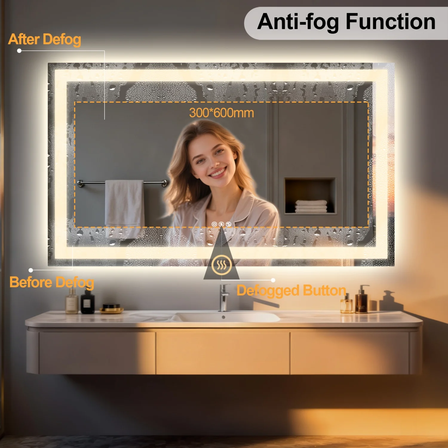50/60/100/120cm LED Bathroom Mirror Built-in Bluetooth Speaker Anti-Fog Dimmable Backlit Lighted Vanity Makeup Waterproof