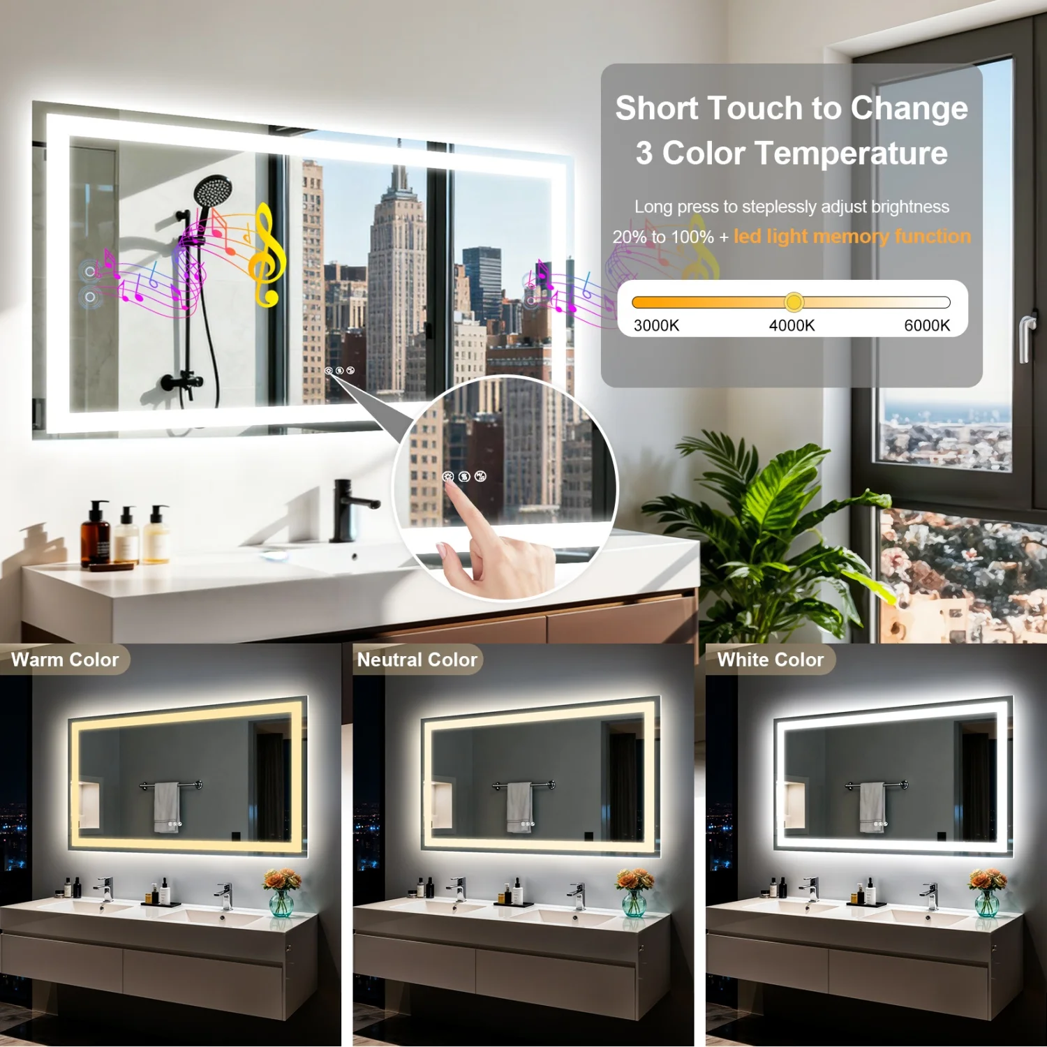 50/60/100/120cm LED Bathroom Mirror Built-in Bluetooth Speaker Anti-Fog Dimmable Backlit Lighted Vanity Makeup Waterproof