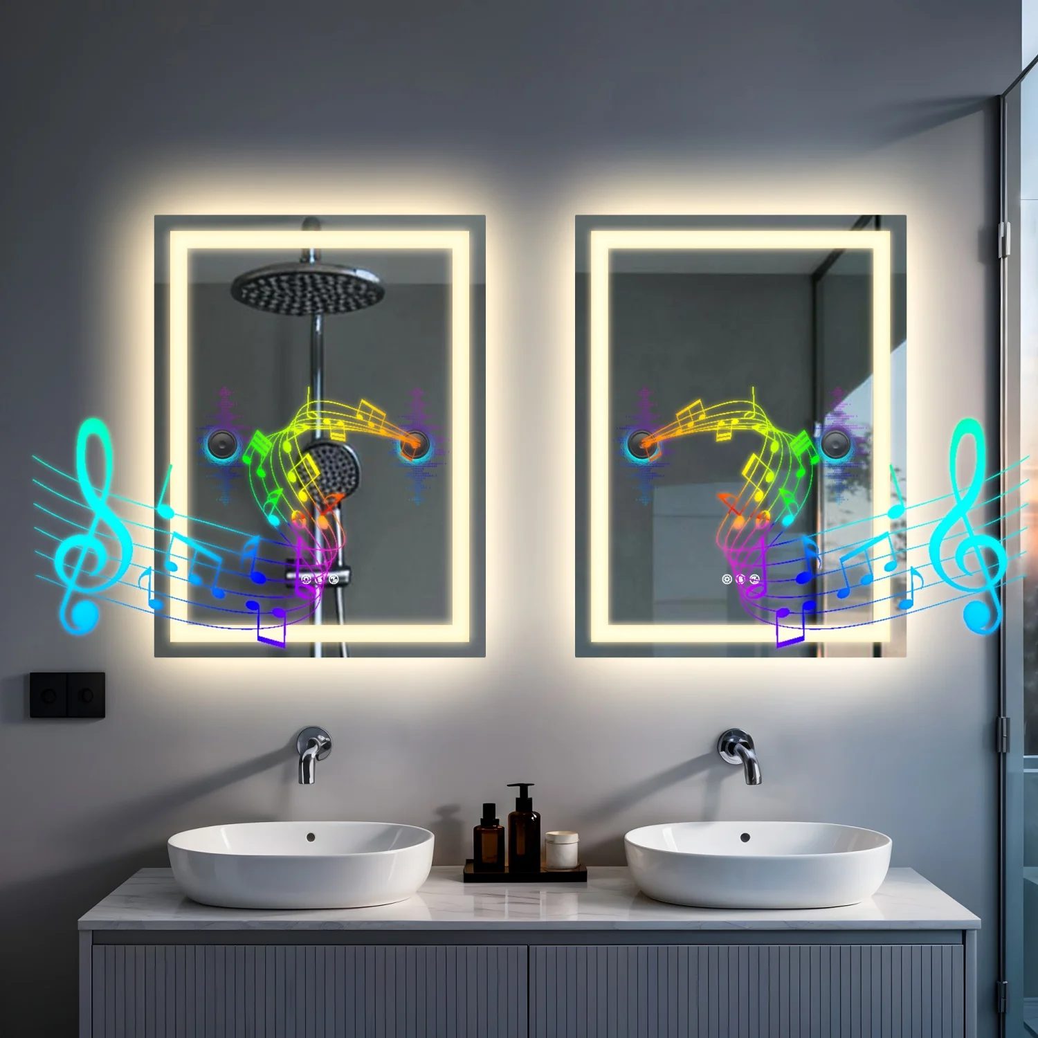 50/60/100/120cm LED Bathroom Mirror Built-in Bluetooth Speaker Anti-Fog Dimmable Backlit Lighted Vanity Makeup Waterproof