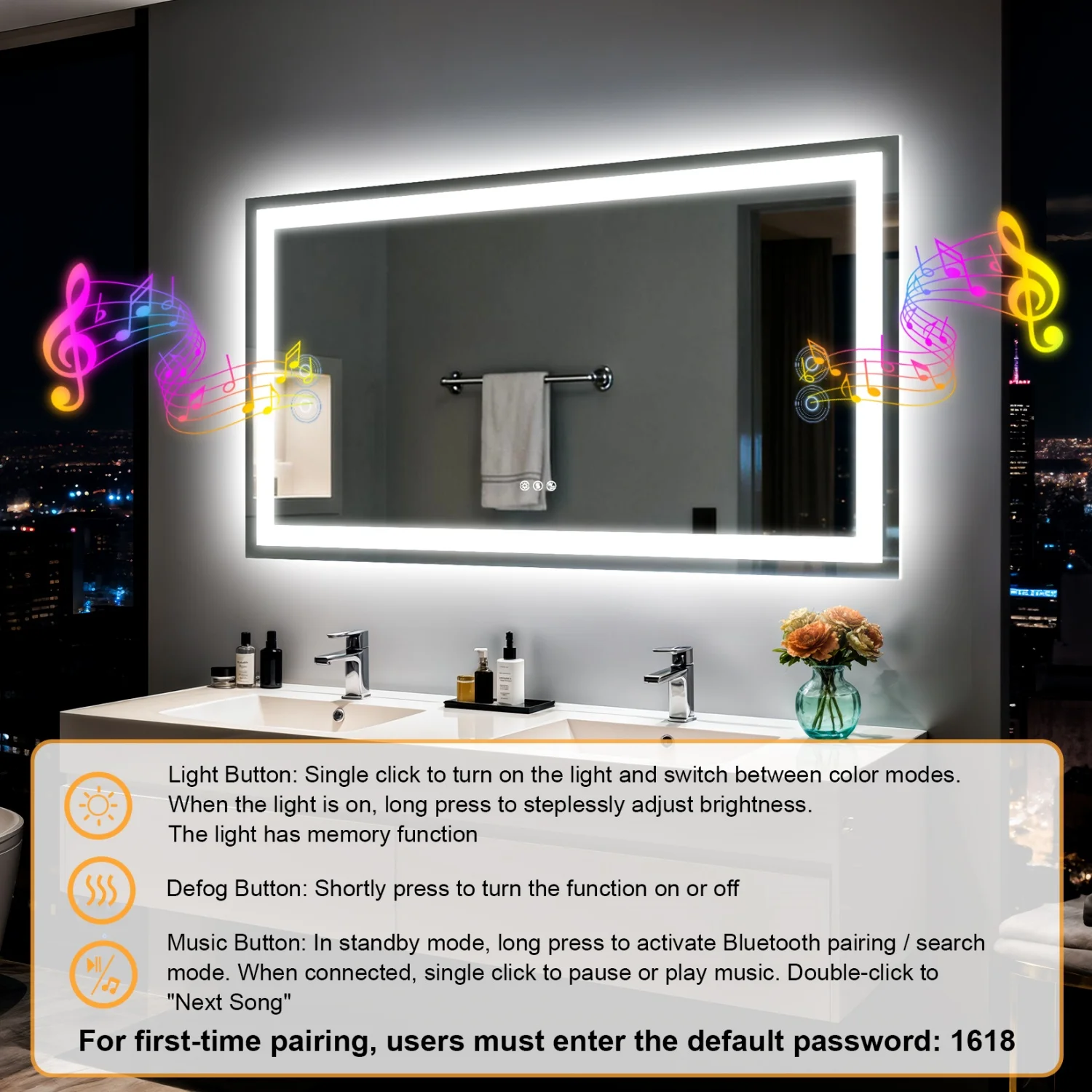 50/60/100/120cm LED Bathroom Mirror Built-in Bluetooth Speaker Anti-Fog Dimmable Backlit Lighted Vanity Makeup Waterproof