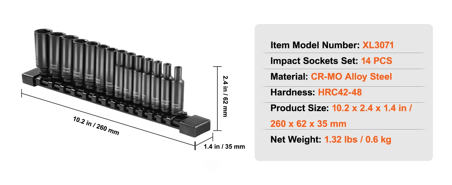 SucceBuy DriveImpact Socket Set Cr-Mo Alloy Steel Auto Repair Easy-to-Read Size Marking Rugged Construction Socket Organizer