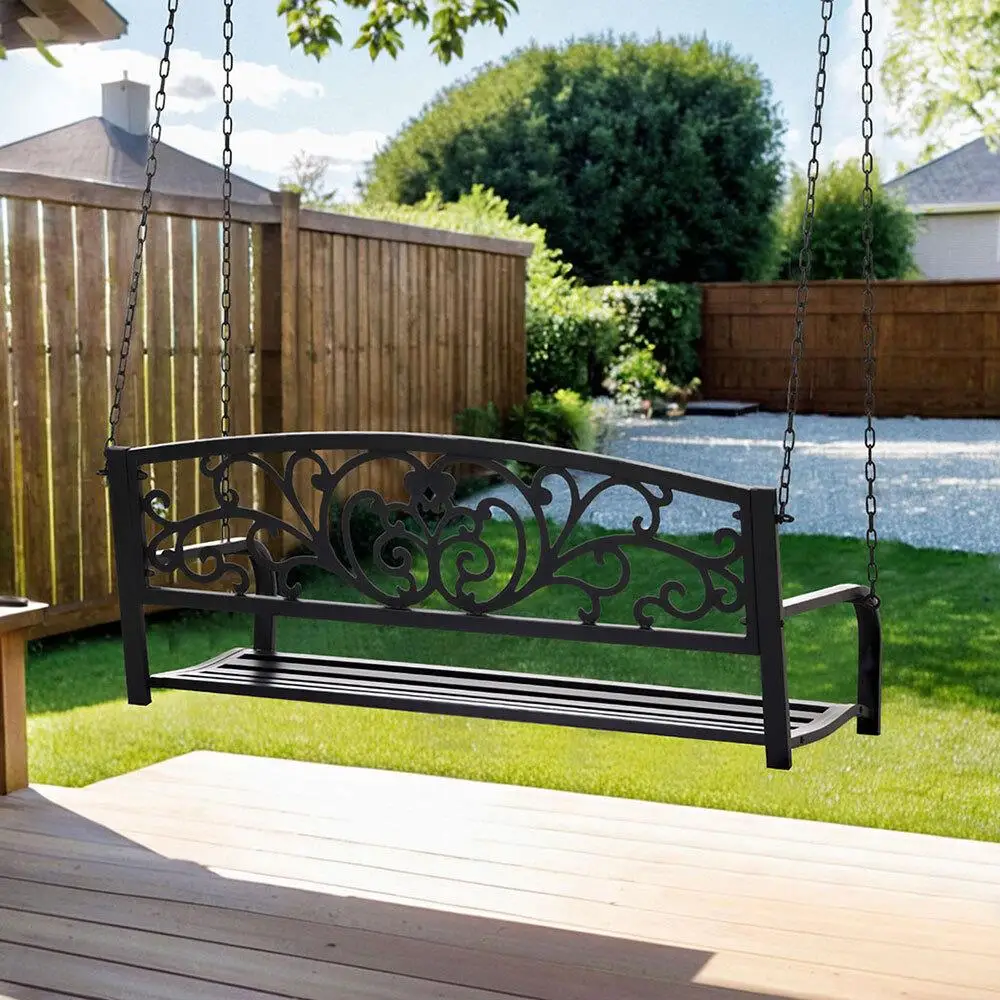 Outdoor Porch Swing Chair Patio Furniture Floral Backrest Two Seater Black Frame Garden Hanging Seat