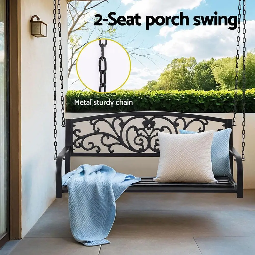 Outdoor Porch Swing Chair Patio Furniture Floral Backrest Two Seater Black Frame Garden Hanging Seat