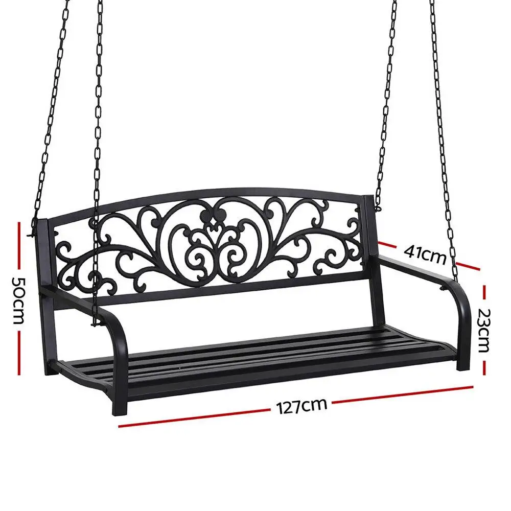 Outdoor Porch Swing Chair Patio Furniture Floral Backrest Two Seater Black Frame Garden Hanging Seat