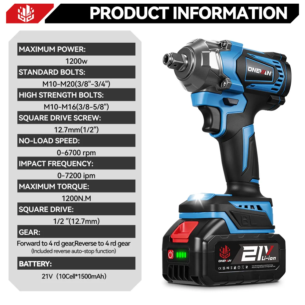 ONEVAN 1200N.M Torque Brushless Electric Impact Wrench Cordless 1/2Inch Car Repair Screwdriver Drill Tool For Makita Battery Pin