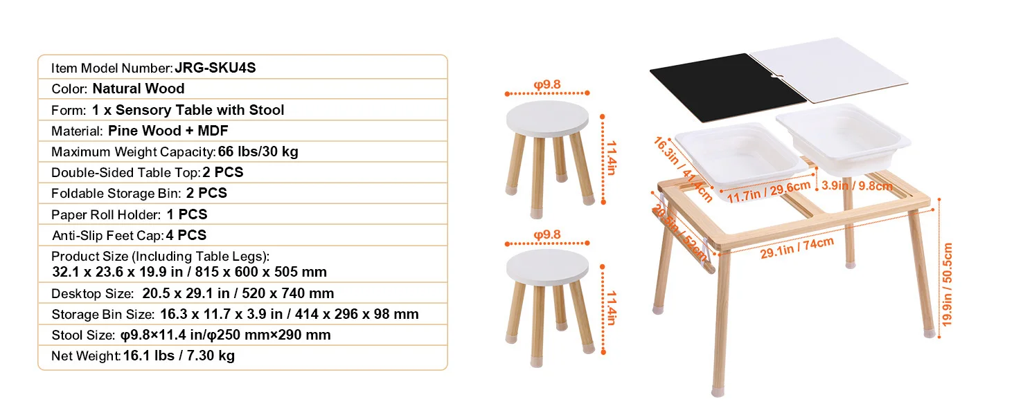 SucceBuy Wooden Sensory Table for Kids Activity with 3 Foldable Storage Bins&Double-Sided Board Indoor/Outdoor Drawing Studying