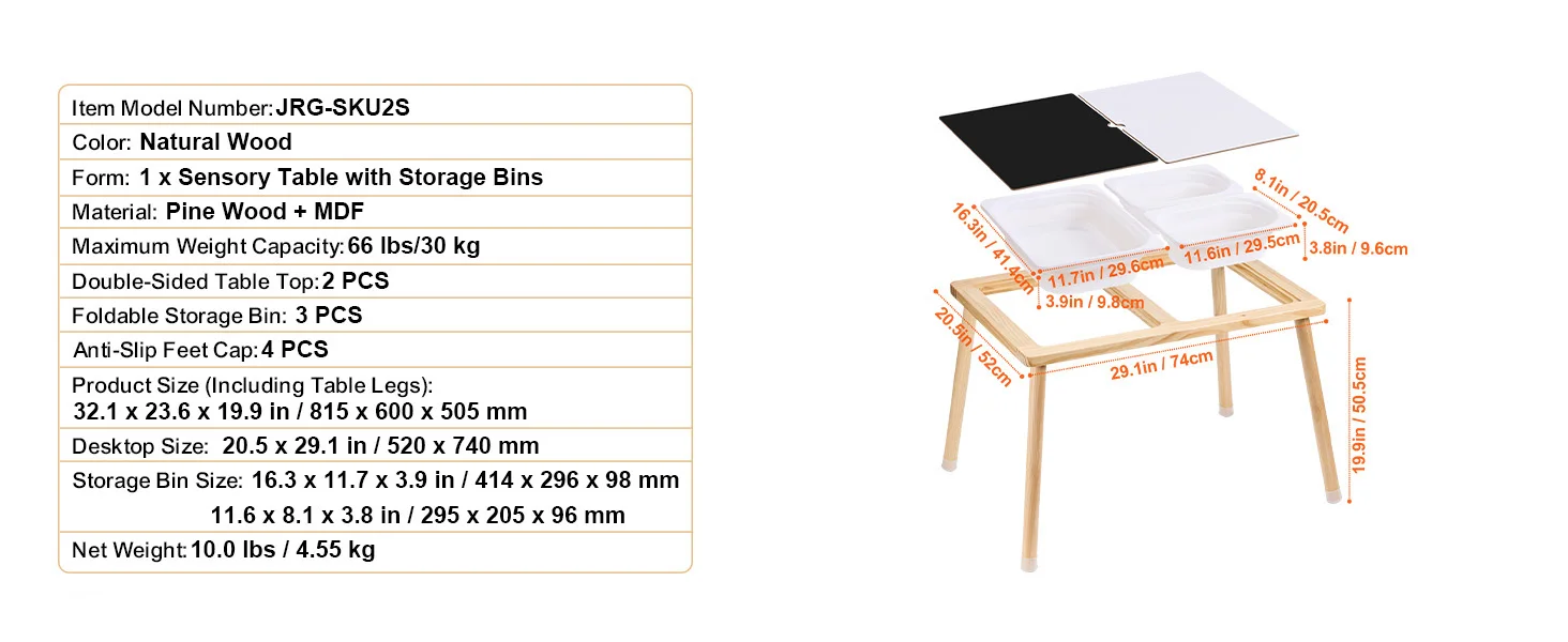 SucceBuy Wooden Sensory Table for Kids Activity with 3 Foldable Storage Bins&Double-Sided Board Indoor/Outdoor Drawing Studying