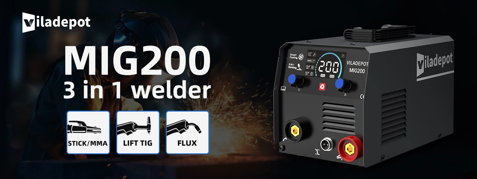 Viladepot 200A MIG Welder IGBT Inverter MIG200 3-in-1 Flux-cored Wire Without Gas/Lift TIG/MMA Welding Machine 220V