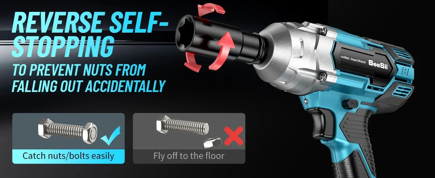 Seesii 3-in-1 Cordless Impact Wrench Electric 1/2" Brushless 650N.m Impact Gun Kit Handheld for Car Truck Tire with 2*4.0ah Batteries LED Light
