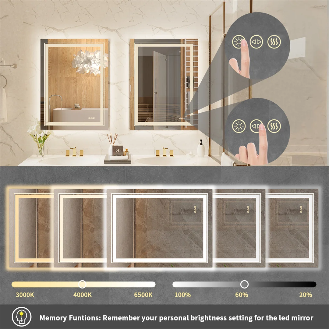 LUVODI 70*90cm Rectangle-shape Led Illuminated Bathroom Mirror for Shaving Makeup with Anti-fog Function Wall-mounted Backlit Vanity Mirror
