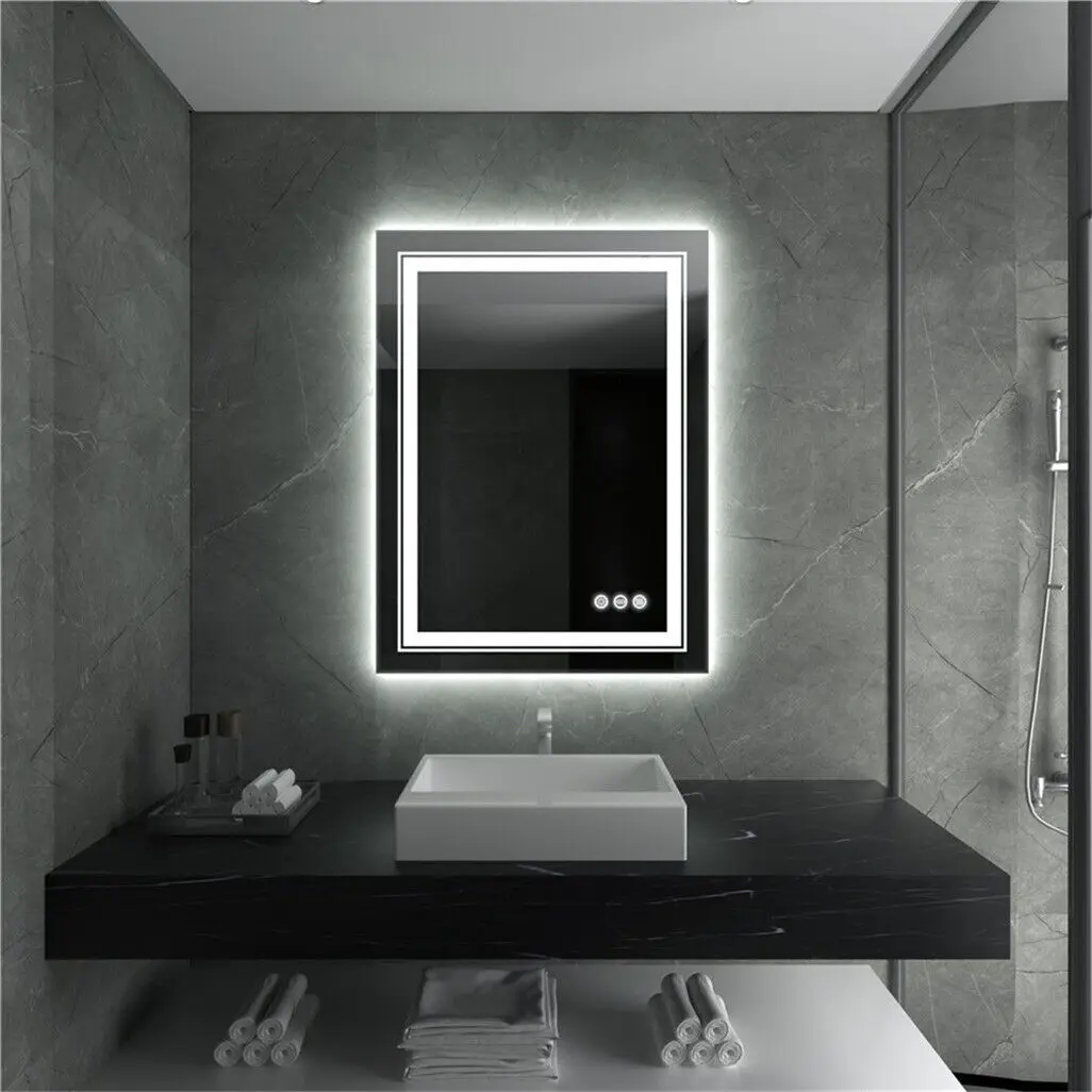 LUVODI 70*90cm Rectangle-shape Led Illuminated Bathroom Mirror for Shaving Makeup with Anti-fog Function Wall-mounted Backlit Vanity Mirror