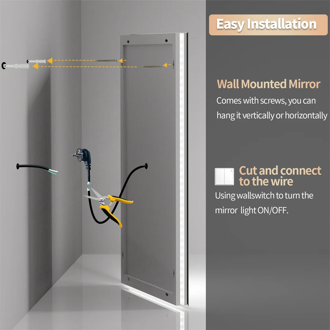 LUVODI 70*90cm Rectangle-shape Led Illuminated Bathroom Mirror for Shaving Makeup with Anti-fog Function Wall-mounted Backlit Vanity Mirror