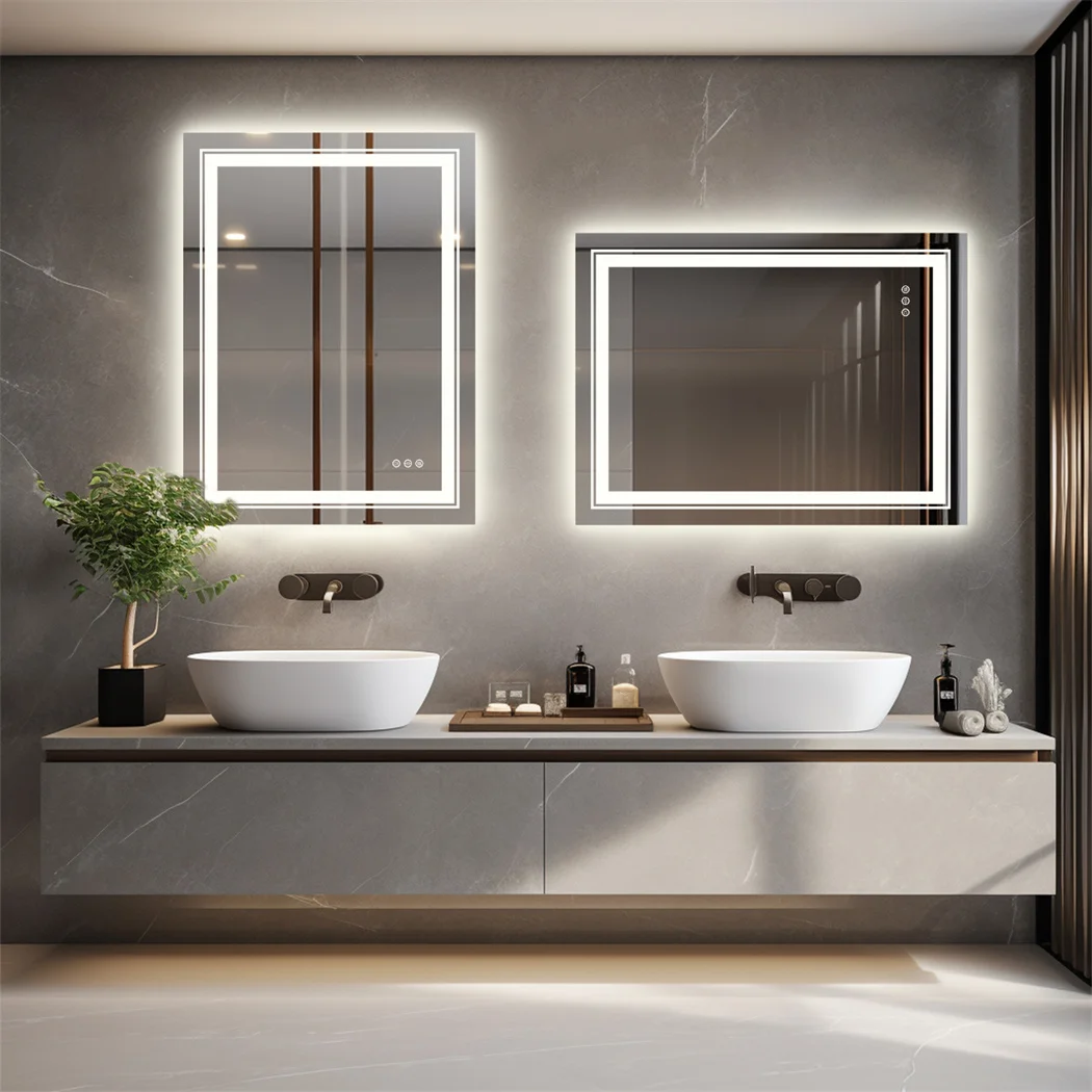LUVODI 70*90cm Rectangle-shape Led Illuminated Bathroom Mirror for Shaving Makeup with Anti-fog Function Wall-mounted Backlit Vanity Mirror