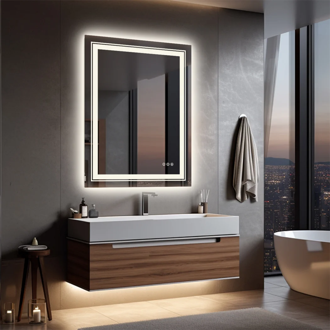 LUVODI 70*90cm Rectangle-shape Led Illuminated Bathroom Mirror for Shaving Makeup with Anti-fog Function Wall-mounted Backlit Vanity Mirror
