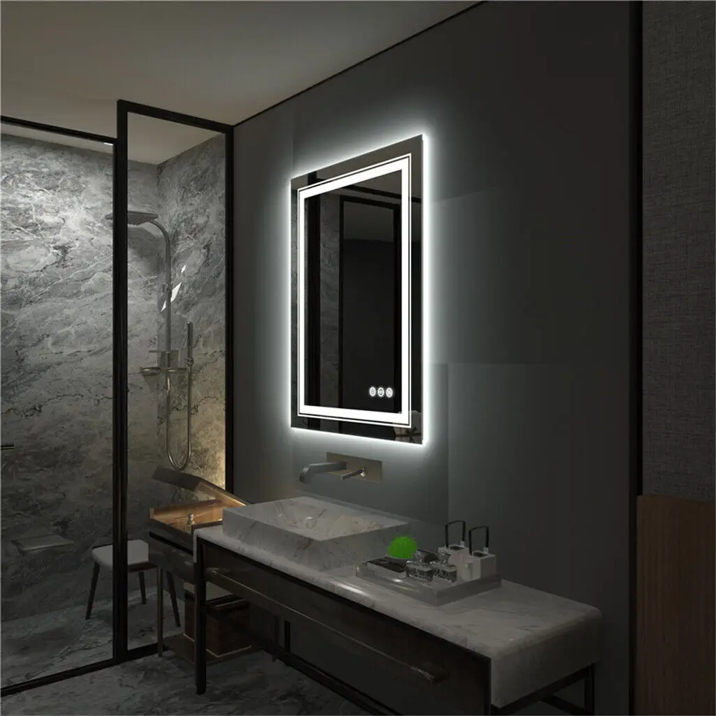 LUVODI 70*90cm Rectangle-shape Led Illuminated Bathroom Mirror for Shaving Makeup with Anti-fog Function Wall-mounted Backlit Vanity Mirror