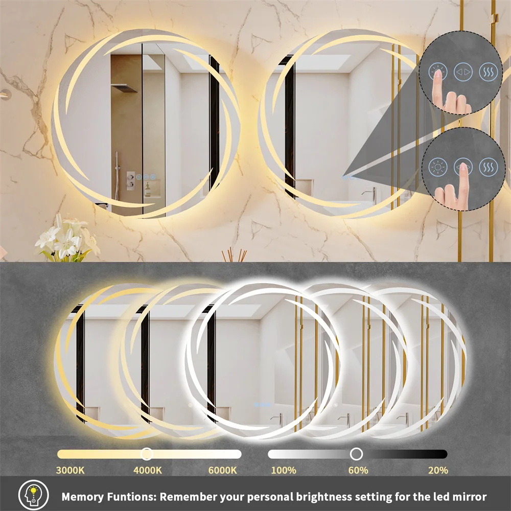 LUVODI 80CM Modern LED Bathroom Wall Mirror with Circle Backlight Illuminated Vanity Mirror with Defogging Feature for Bath