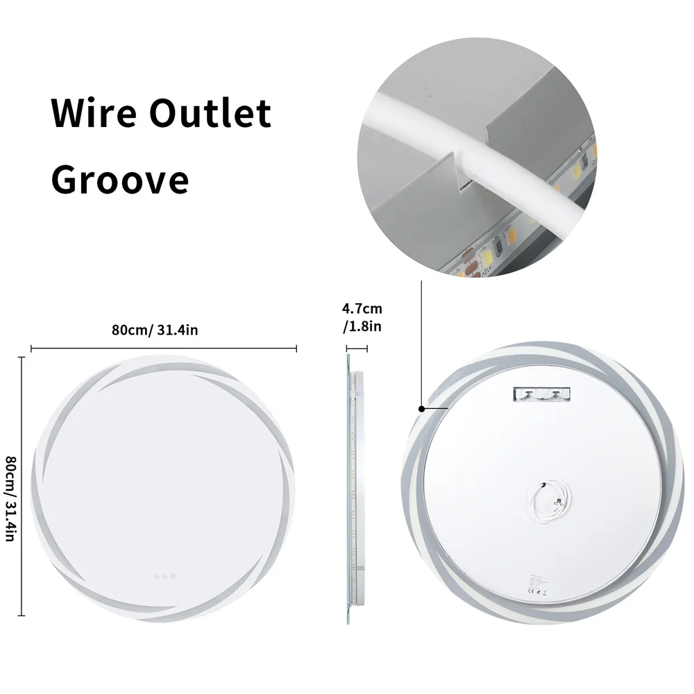 LUVODI 80CM Modern LED Bathroom Wall Mirror with Circle Backlight Illuminated Vanity Mirror with Defogging Feature for Bath