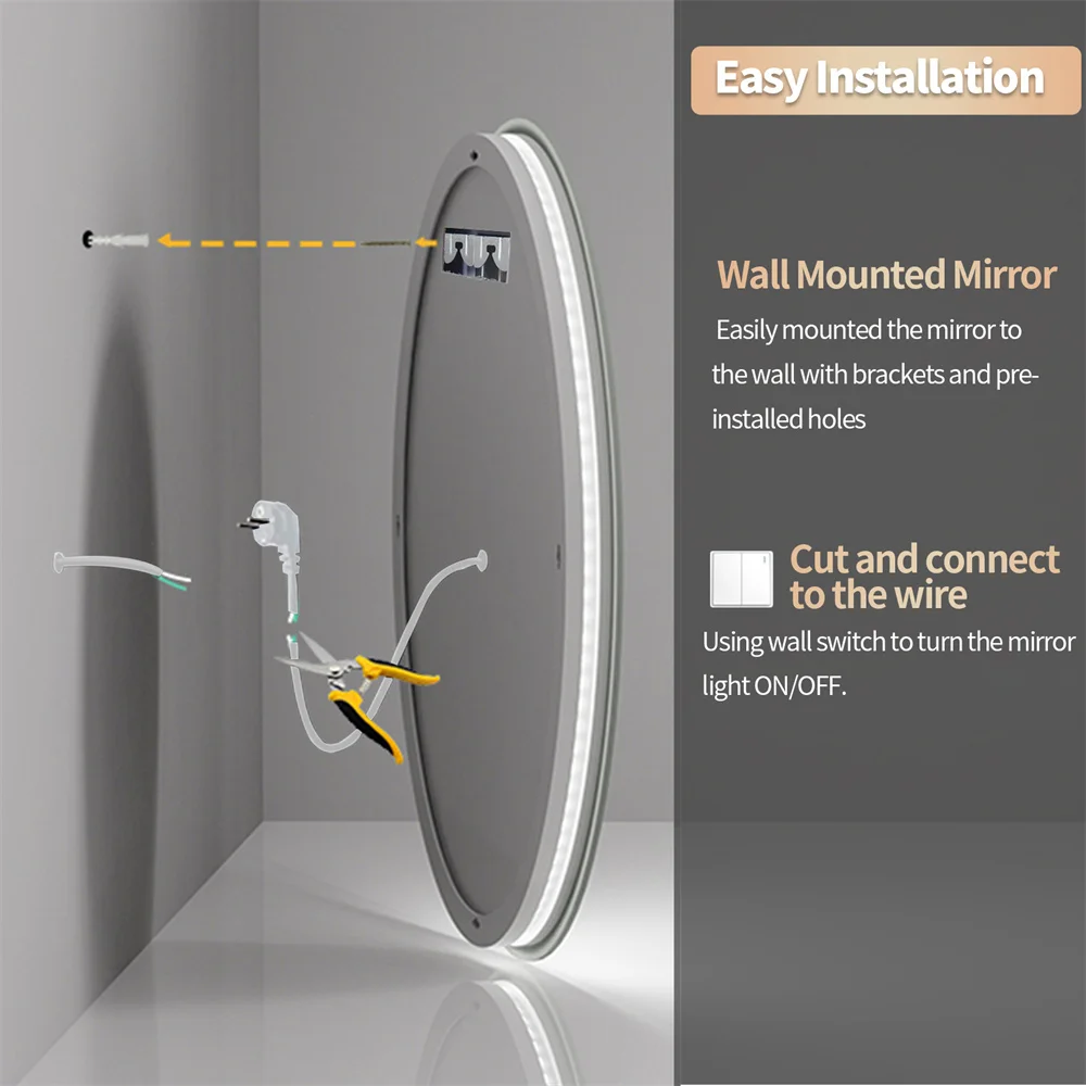 LUVODI 80CM Modern LED Bathroom Wall Mirror with Circle Backlight Illuminated Vanity Mirror with Defogging Feature for Bath
