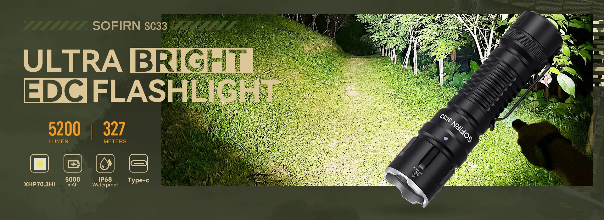 Sofirn SC33 XHP70.3 HI LED Flashlight Tactical 5200lm Powerful 21700 USB C Rechargeable Torch with Tail E-switch Outdoor Light