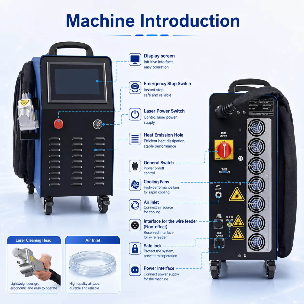 2000W Air Cooling Fiber Laser Cleaning Machine Portable Laser Cleaner for Metal Oil Rust Paint Removal Cleaning SUP 32C Width 300mm Energy Saving