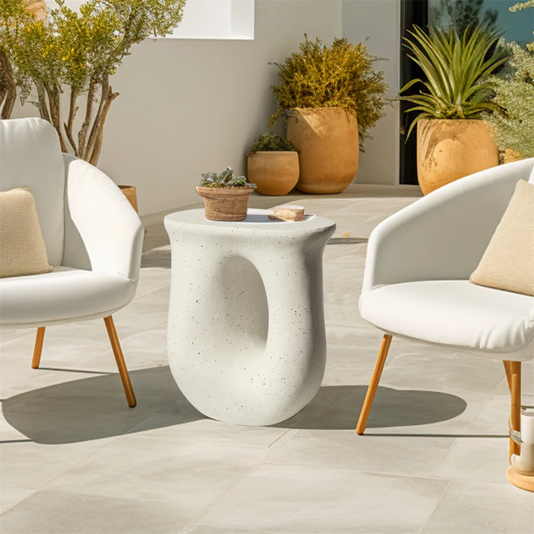 LUVODI Modern U-Shaped Geometric Concrete Accent Table Lightweight Garden Stool Decorative Side Table for Indoor And Outdoor Use