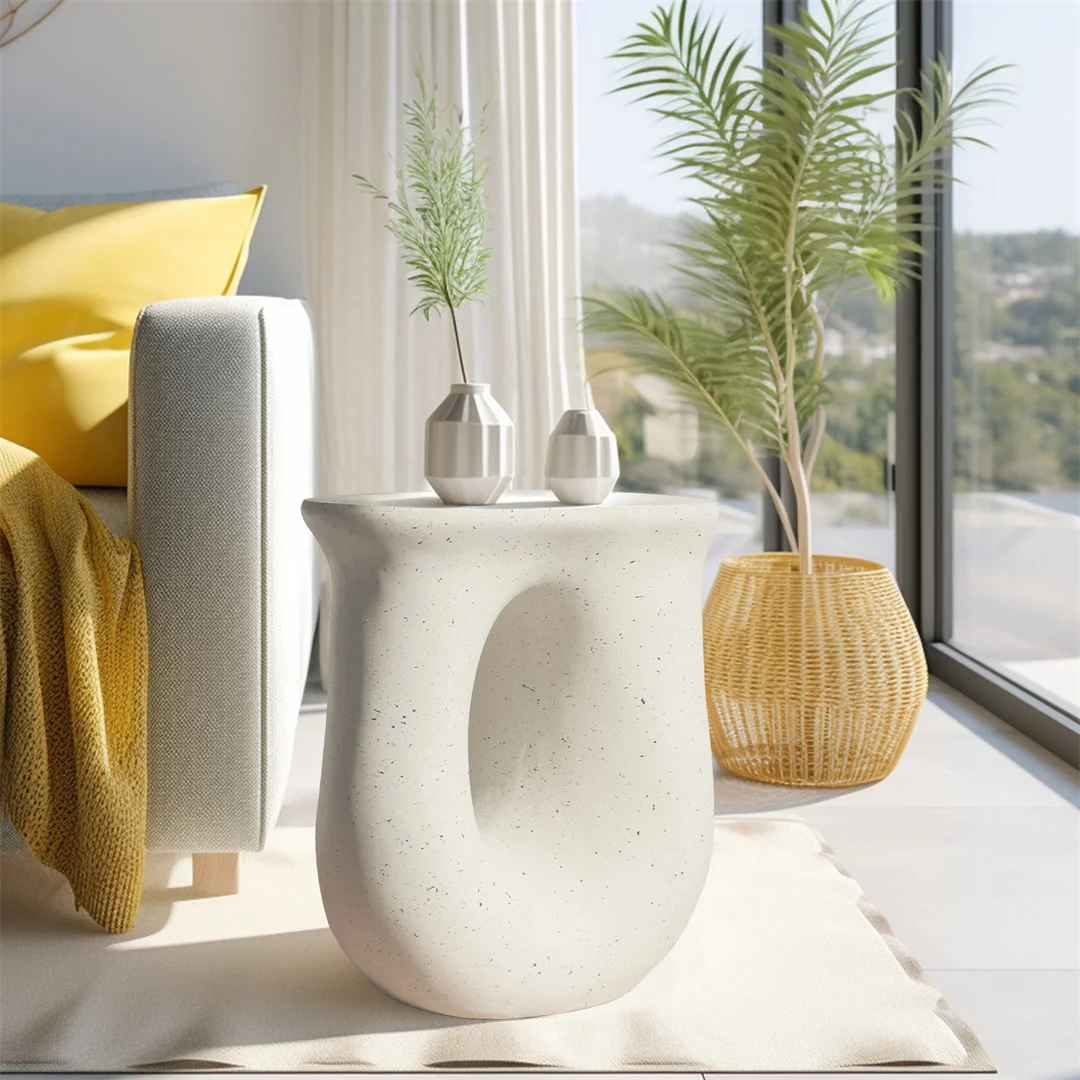 LUVODI Modern U-Shaped Geometric Concrete Accent Table Lightweight Garden Stool Decorative Side Table for Indoor And Outdoor Use