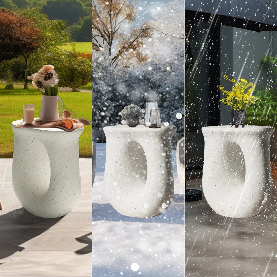 LUVODI Modern U-Shaped Geometric Concrete Accent Table Lightweight Garden Stool Decorative Side Table for Indoor And Outdoor Use