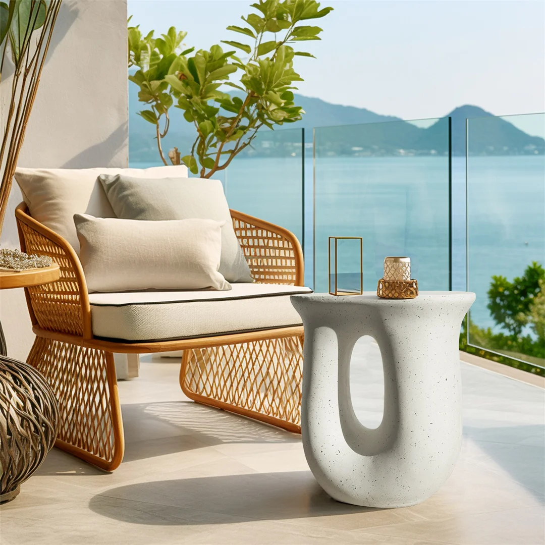 LUVODI Modern U-Shaped Geometric Concrete Accent Table Lightweight Garden Stool Decorative Side Table for Indoor And Outdoor Use