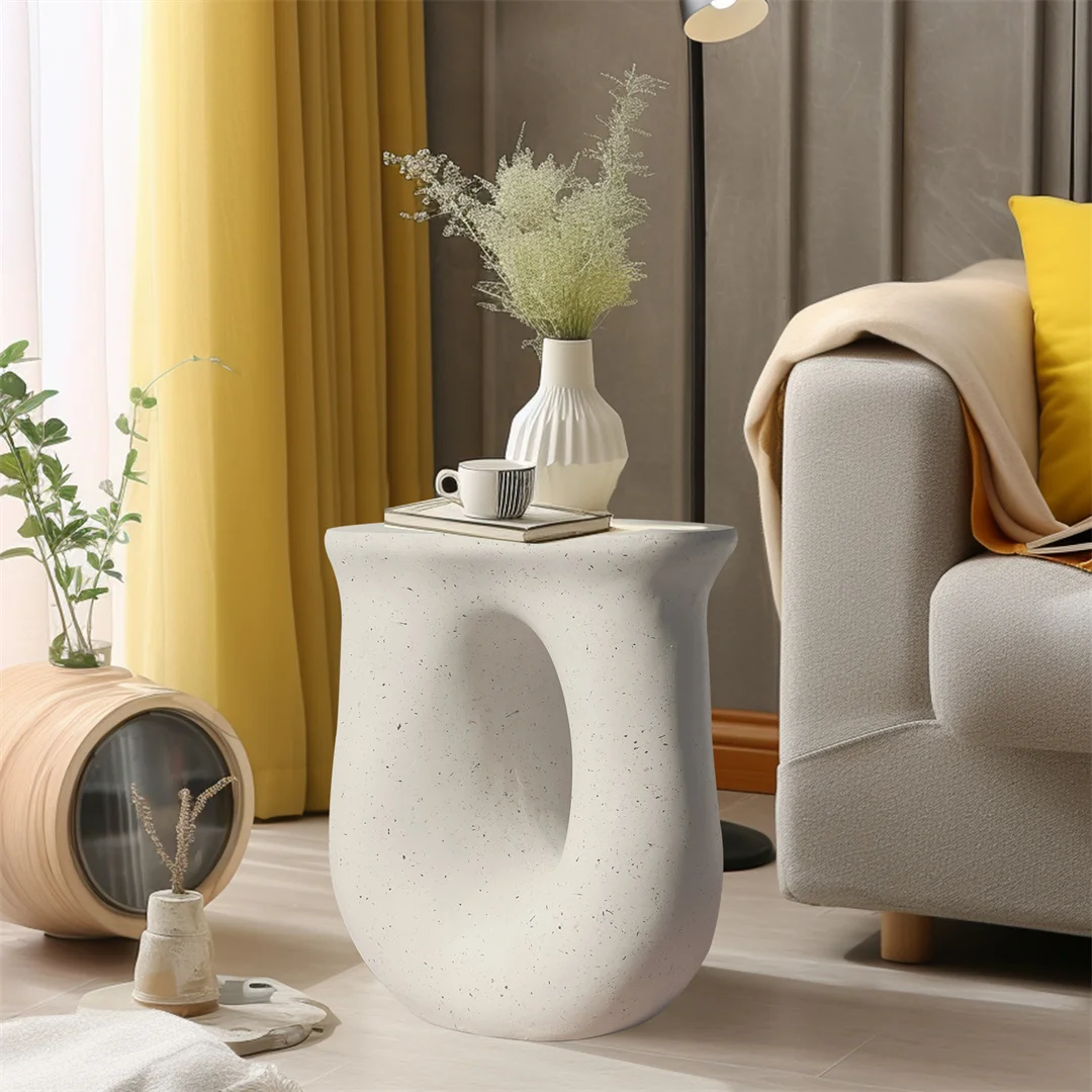 LUVODI Modern U-Shaped Geometric Concrete Accent Table Lightweight Garden Stool Decorative Side Table for Indoor And Outdoor Use
