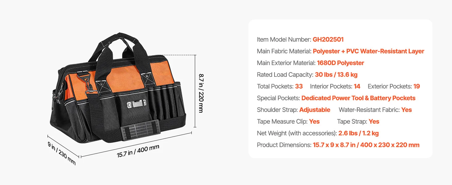 SucceBuy 15.7in Tool Bag with 33 Pockets, Portable Organizer with Soft Handle, Large Zipper&Adjustable Shoulder Strap for Tools