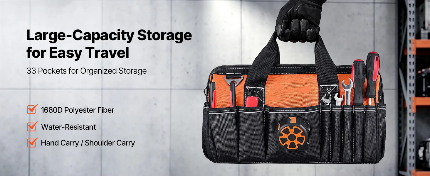 SucceBuy 15.7in Tool Bag with 33 Pockets, Portable Organizer with Soft Handle, Large Zipper&Adjustable Shoulder Strap for Tools