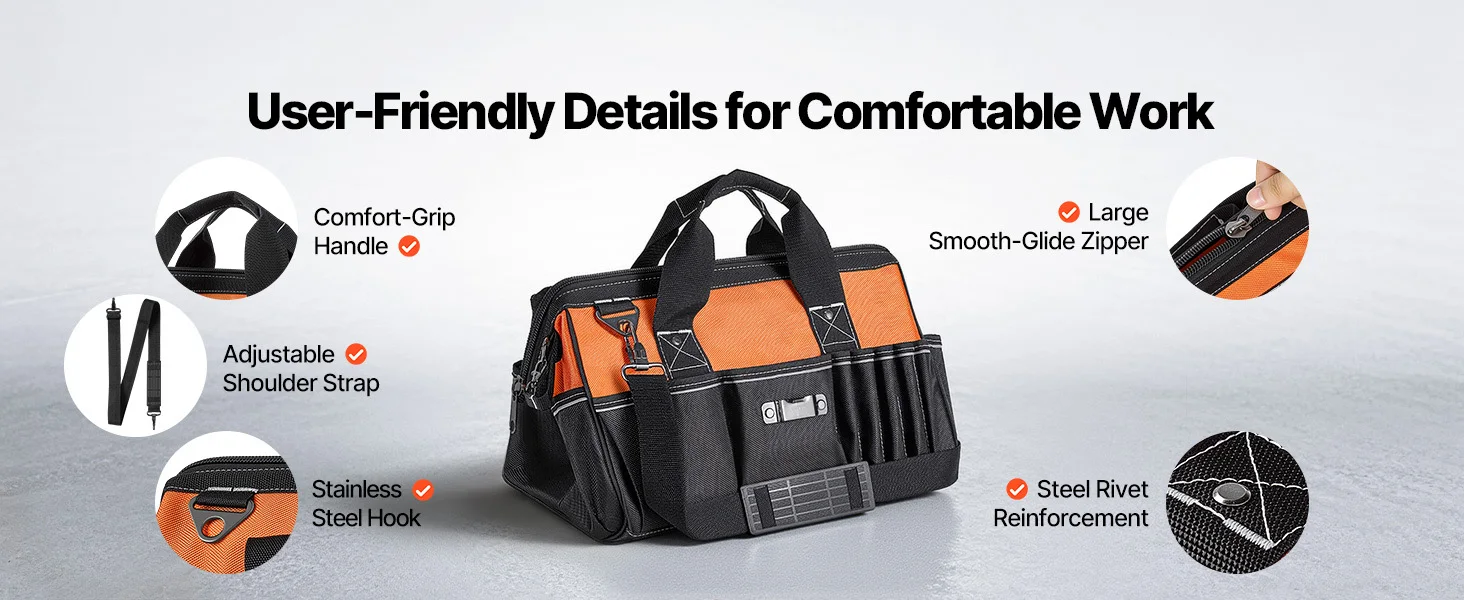 SucceBuy 15.7in Tool Bag with 33 Pockets, Portable Organizer with Soft Handle, Large Zipper&Adjustable Shoulder Strap for Tools