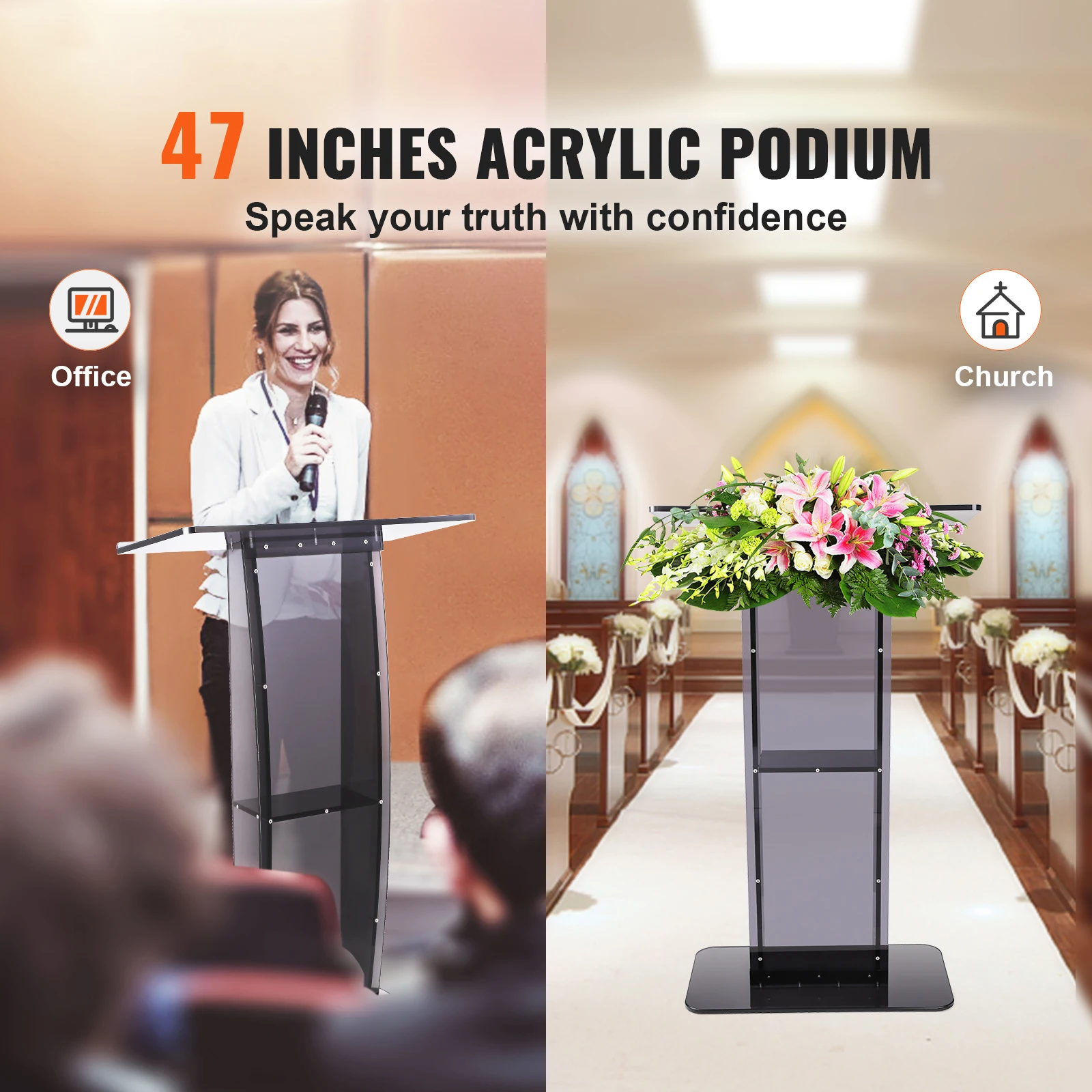 SucceBuy 47" Acrylic Podium Stand Floor-Standing Clear Pulpit Acrylic Desktop Lecterns w/ Storage Shelf for Office Church School