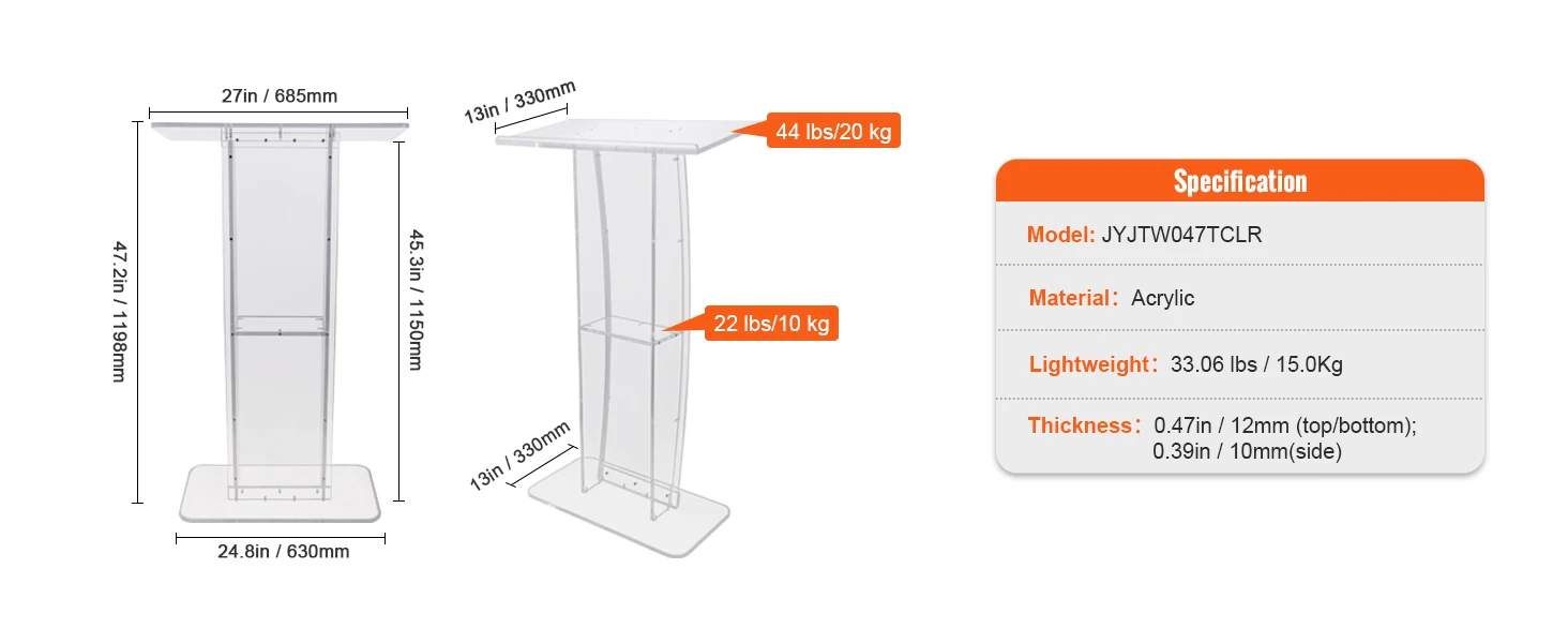 SucceBuy 47" Acrylic Podium Stand Floor-Standing Clear Pulpit Acrylic Desktop Lecterns w/ Storage Shelf for Office Church School