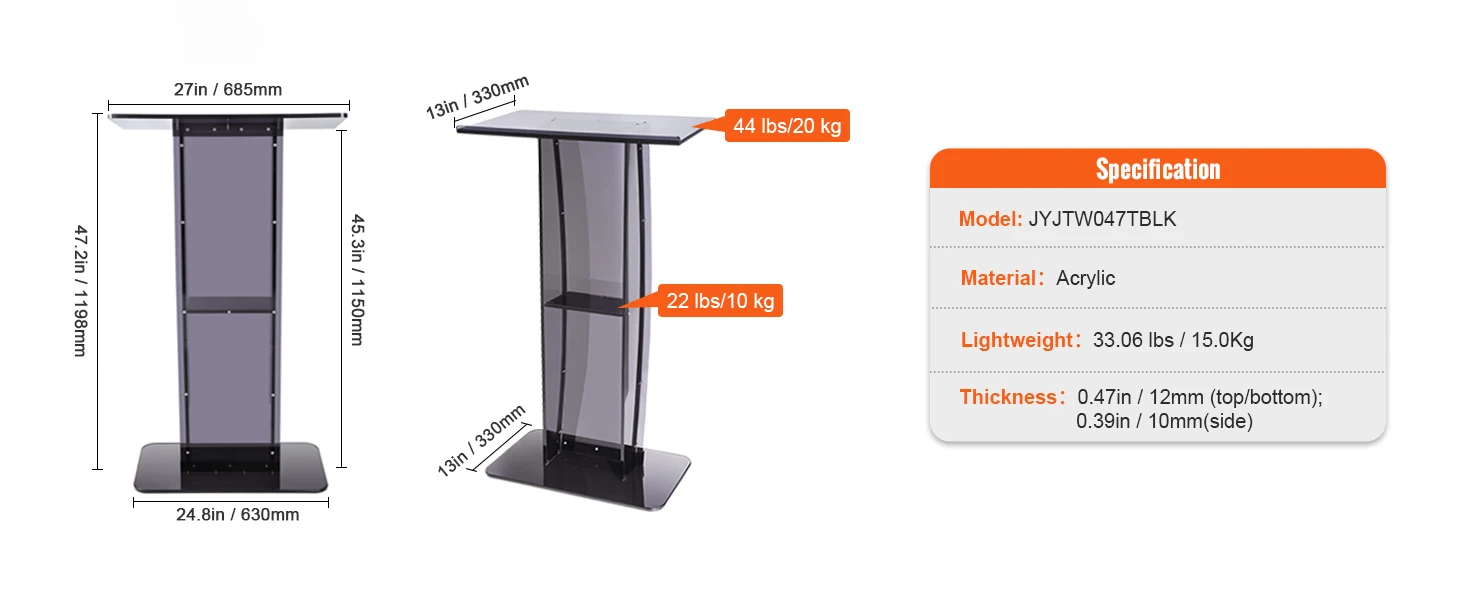 SucceBuy 47" Acrylic Podium Stand Floor-Standing Clear Pulpit Acrylic Desktop Lecterns w/ Storage Shelf for Office Church School