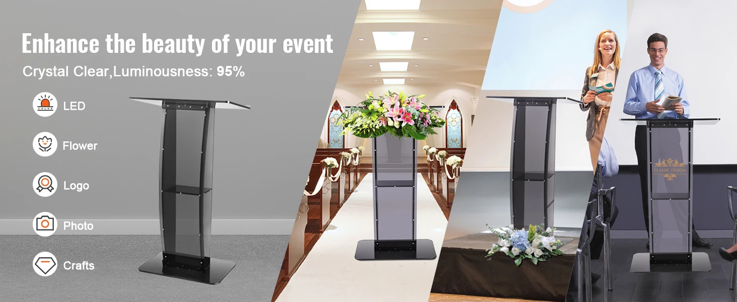 SucceBuy 47" Acrylic Podium Stand Floor-Standing Clear Pulpit Acrylic Desktop Lecterns w/ Storage Shelf for Office Church School