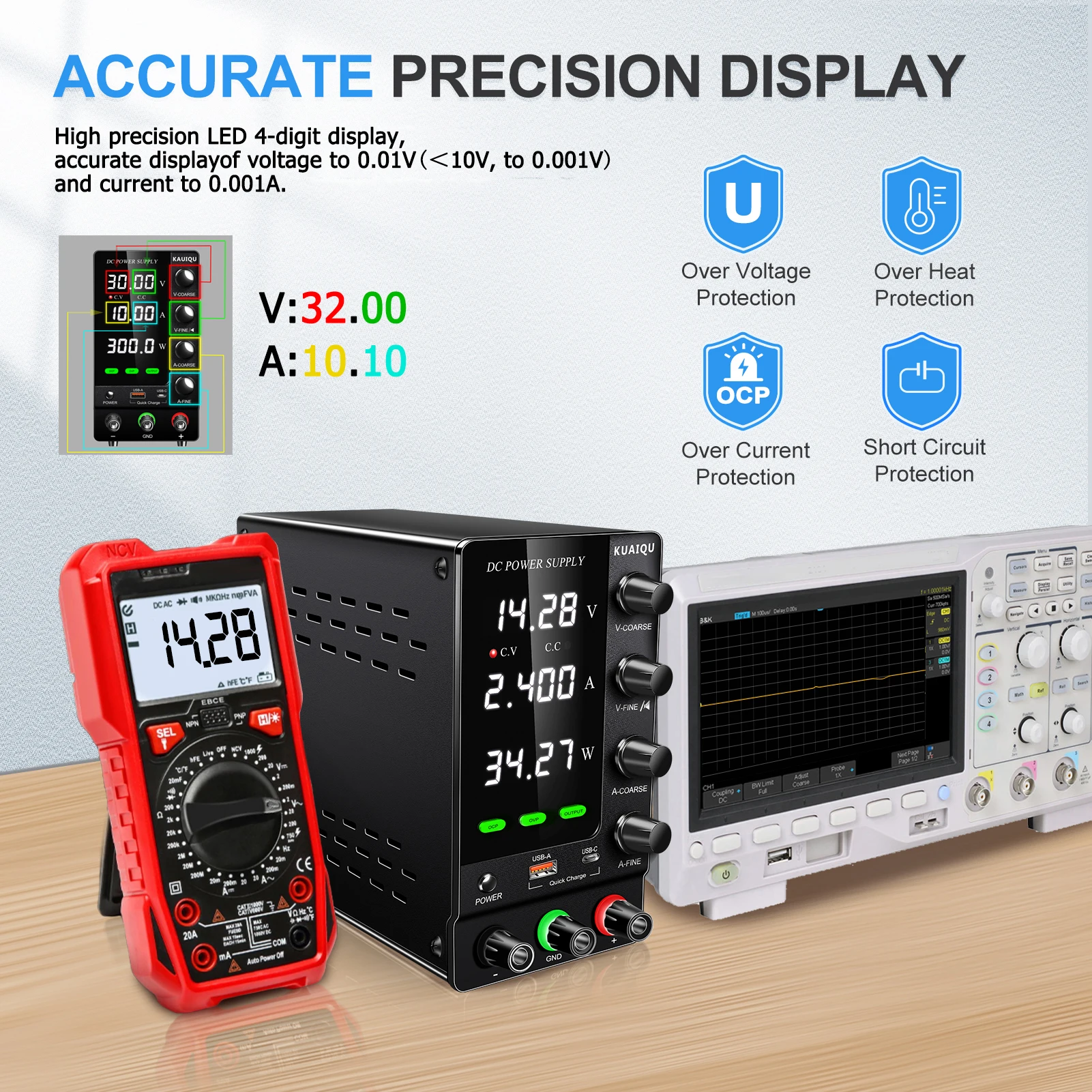 KUAIQU DC Lab Power Supply 30V 60V 120V Adjustable Voltage Regulator Preset Voltage Current Fast Charging Bench DC Power Supply