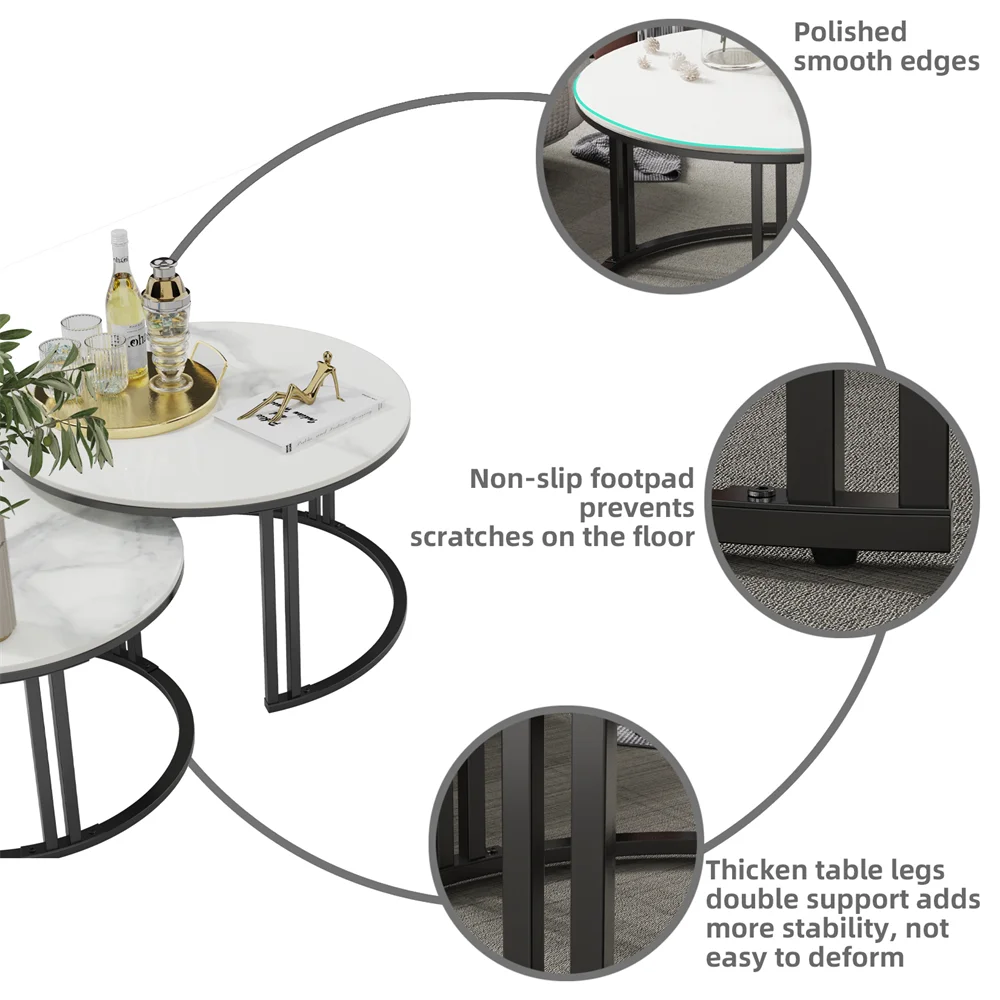 LUVODI Round Nesting Coffee Table Set of 2 Sintered Stone Top Metal Frame Sofa Side End Tables for Living Room