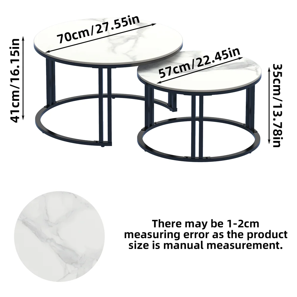 LUVODI Round Nesting Coffee Table Set of 2 Sintered Stone Top Metal Frame Sofa Side End Tables for Living Room