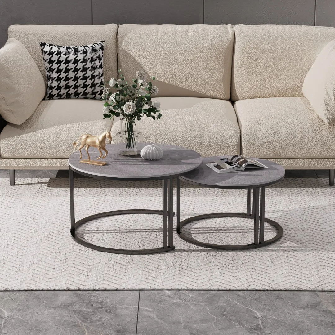 LUVODI Round Nesting Coffee Table Set of 2 Sintered Stone Top Metal Frame Sofa Side End Tables for Living Room