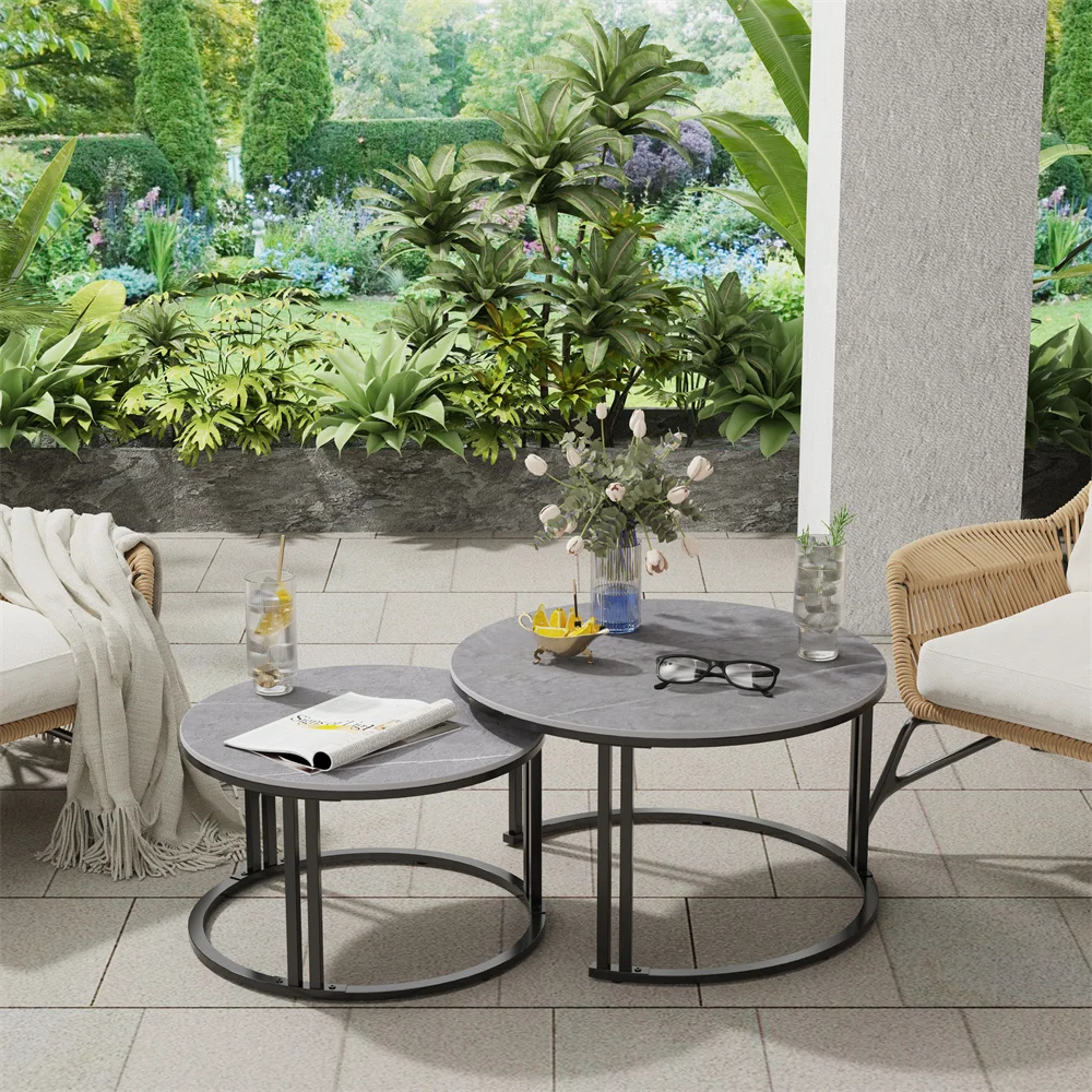 LUVODI Round Nesting Coffee Table Set of 2 Sintered Stone Top Metal Frame Sofa Side End Tables for Living Room