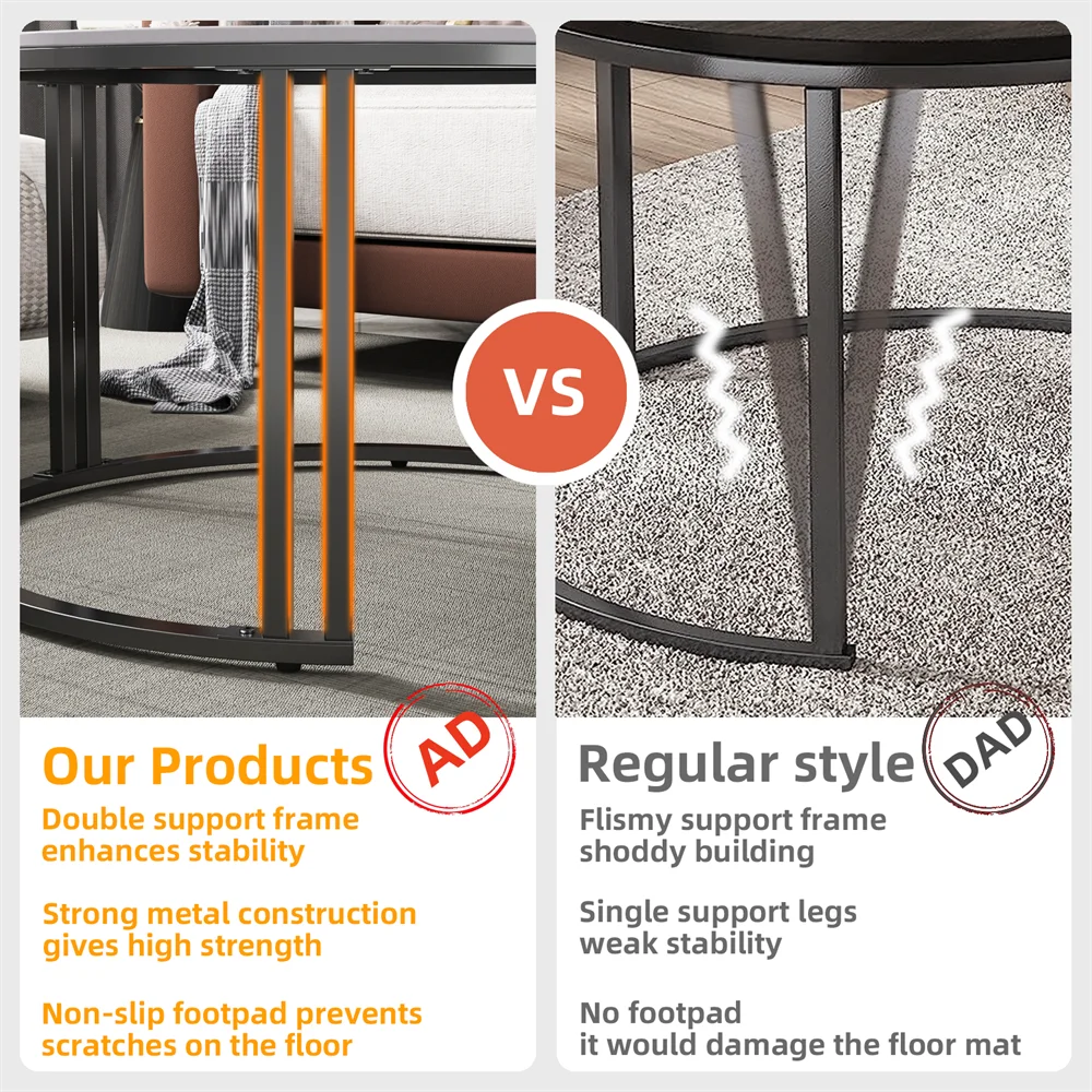 LUVODI Round Nesting Coffee Table Set of 2 Sintered Stone Top Metal Frame Sofa Side End Tables for Living Room