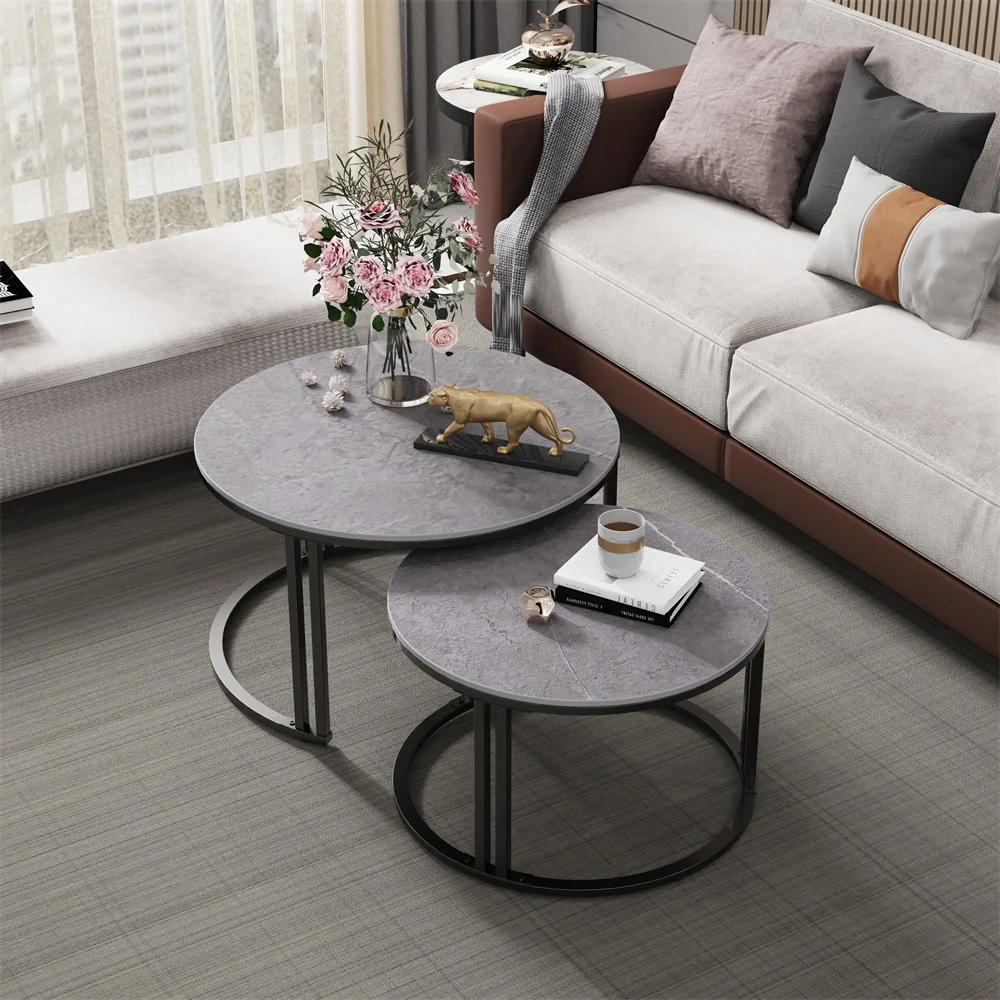 LUVODI Round Nesting Coffee Table Set of 2 Sintered Stone Top Metal Frame Sofa Side End Tables for Living Room