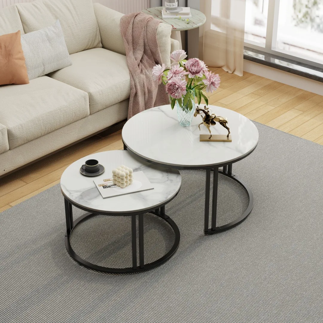 LUVODI Round Nesting Coffee Table Set of 2 Sintered Stone Top Metal Frame Sofa Side End Tables for Living Room