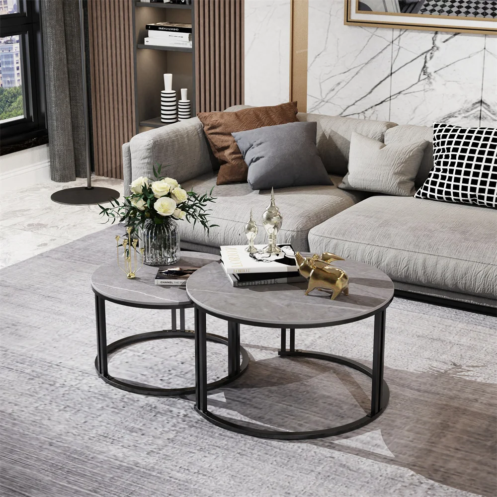 LUVODI Round Nesting Coffee Table Set of 2 Sintered Stone Top Metal Frame Sofa Side End Tables for Living Room