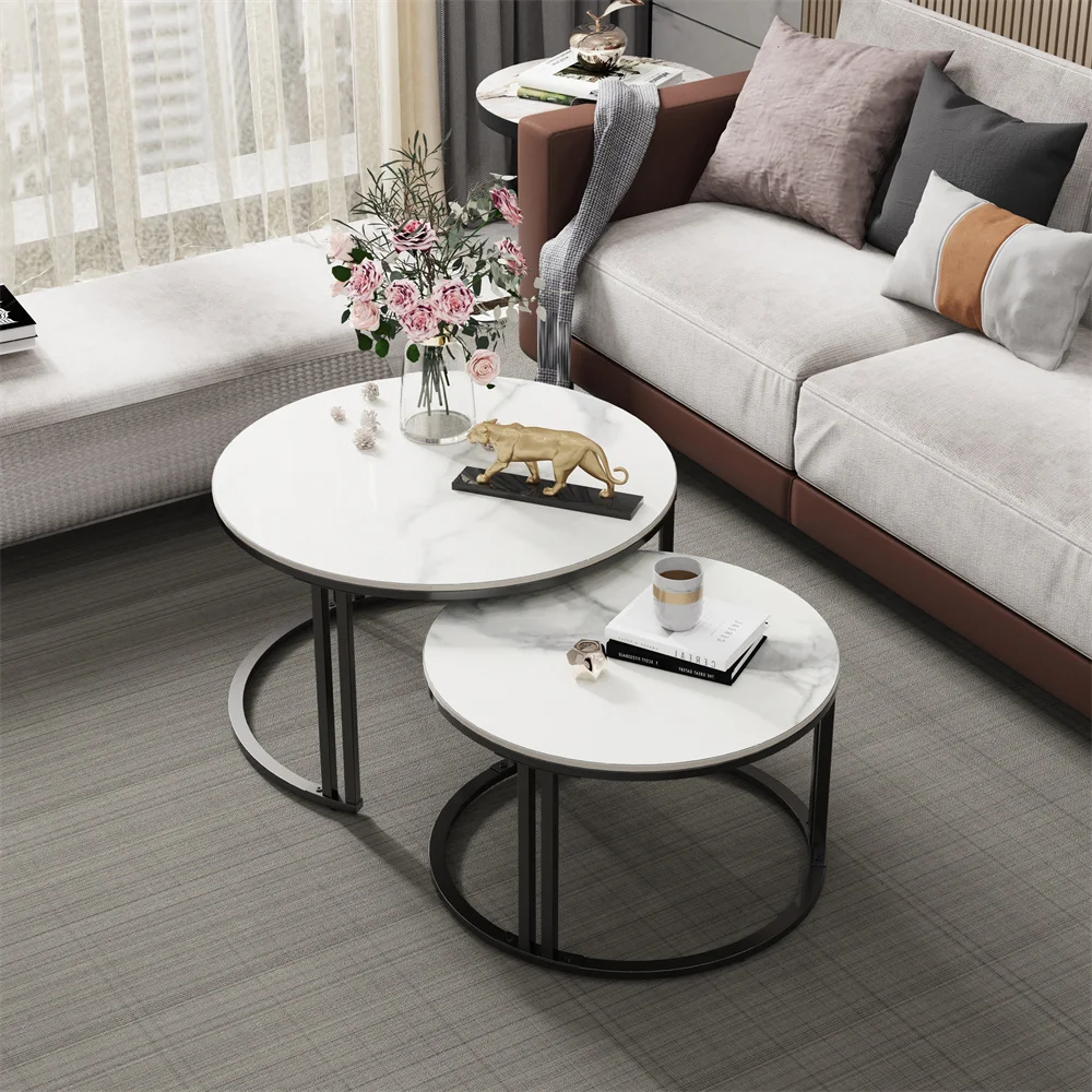 LUVODI Round Nesting Coffee Table Set of 2 Sintered Stone Top Metal Frame Sofa Side End Tables for Living Room