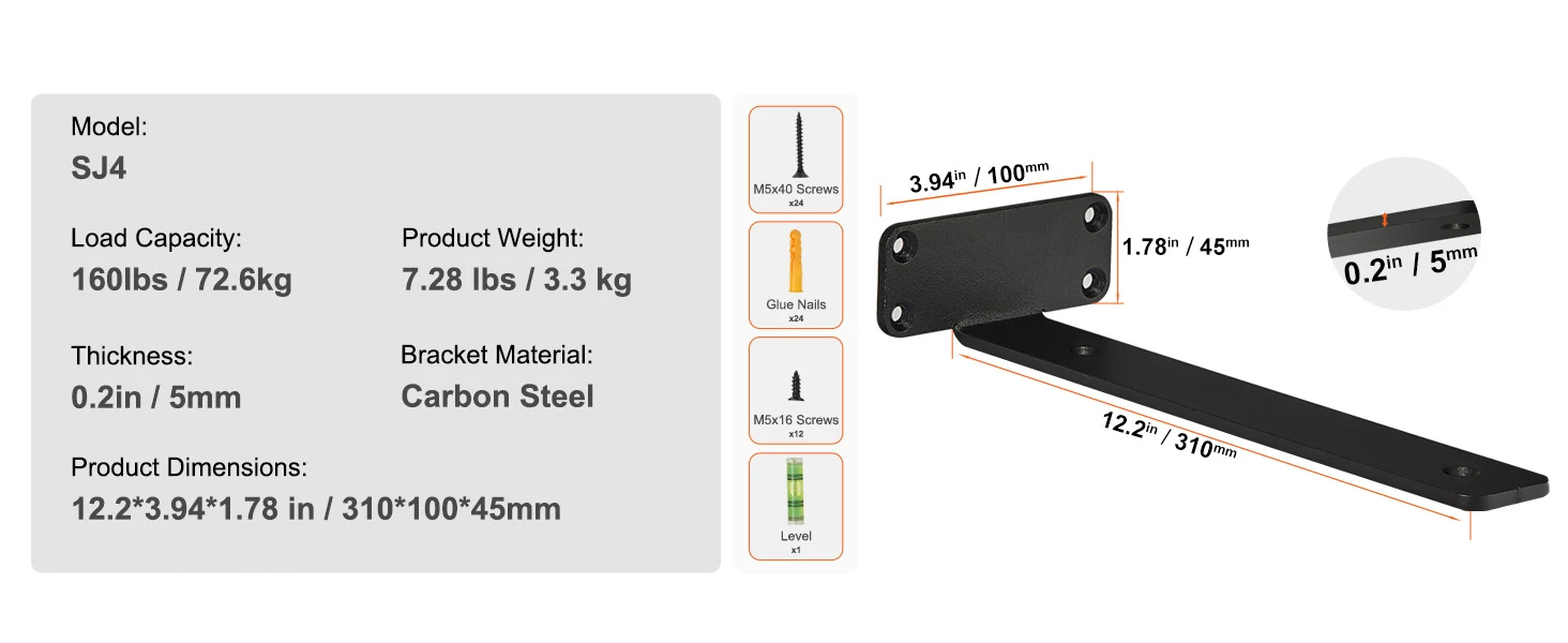 SucceBuy Shelf Bracket 12”x4”x1.6” 6 Pcs Heavy Duty Floating Shelf Brackets Brackets for Shelves 5mm Thick Matte L Shelf Bracket